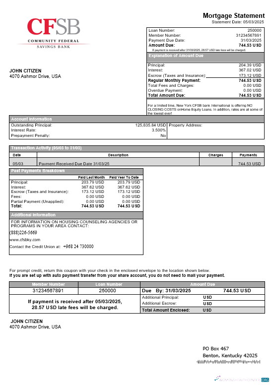 Download USA New York CFSB bank mortgage statement in Word and PDF formats Photoshop template